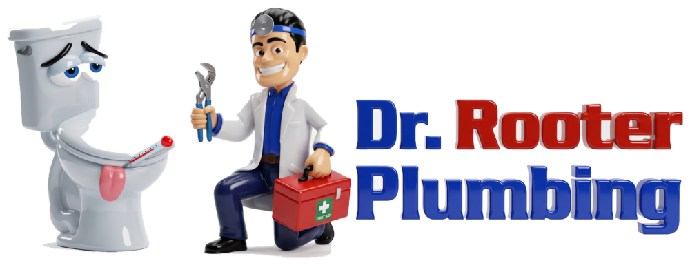 The Dr. Rooter Plumbing 3D logo: the plumber in his doctor's coat next to a sick cartoon toilet